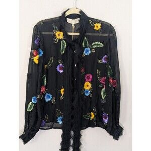 New La Fuori Silk Black Button Shirt Floral Sequin Embroidered Tie Neck Size S